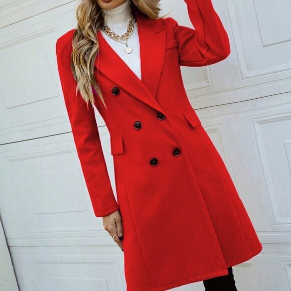 Red Elegant Women's Turndown Collar Long Sleeve Double-Breasted Knitted Coat - Picture 4 of 5